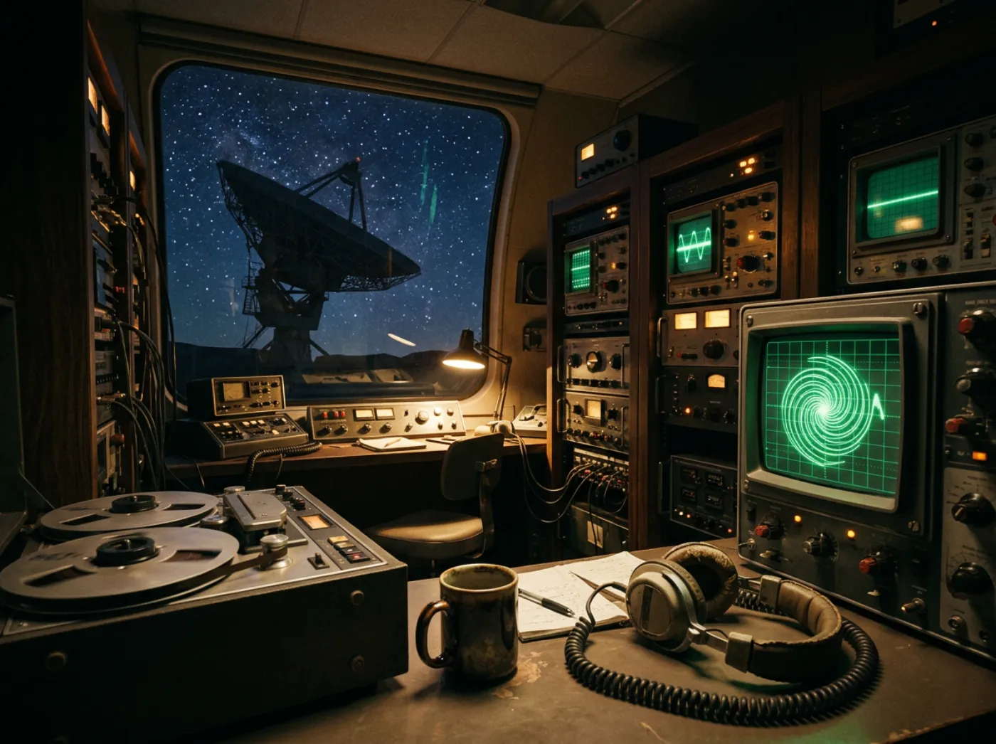 A cramped observatory control room at night: green oscilloscopes, a reel-to-reel tape deck, a coffee mug and headphones on the desk, a radio dish framed in the window, and one screen showing a bright spiral waveform.