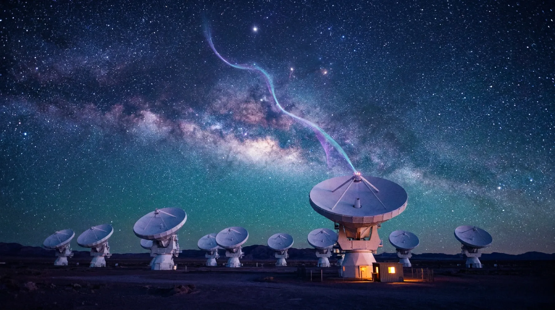 A desert radio telescope array under the Milky Way at night; a ribbon of violet light descends from one star into the largest dish. A small hut glows amber at its base.